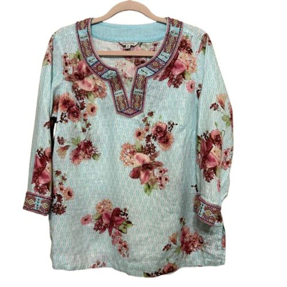 John Mark Linen Blend  Floral Beaded Embroidered Tunic Top Womens Medium Boho